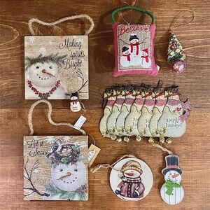 Primitive Country Rustic Snowman Ornaments Cream Burgundy Holiday Decor Bundle